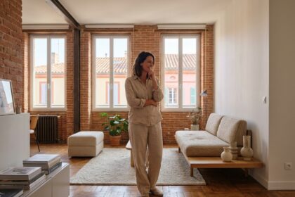 Femme admirant son appartement à Toulouse après réaménagement avec mobilier moderne et décoration soignée