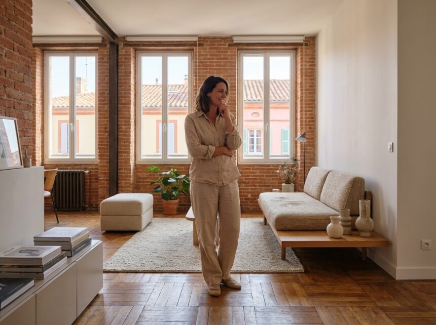 Femme admirant son appartement à Toulouse après réaménagement avec mobilier moderne et décoration soignée