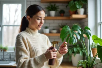 Femme entretenant une plante monstera en hiver avec un vaporisateur dans une cuisine lumineuse