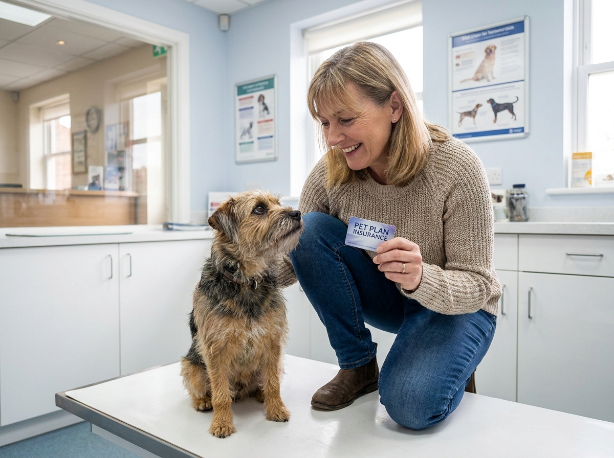 Femme avec sa petite chien chez le vétérinaire présentant sa carte d'assurance pour animaux de compagnie