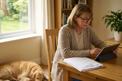 Femme mûre consultant des contrats d'assurance animaux à son bureau avec son chien à côté
