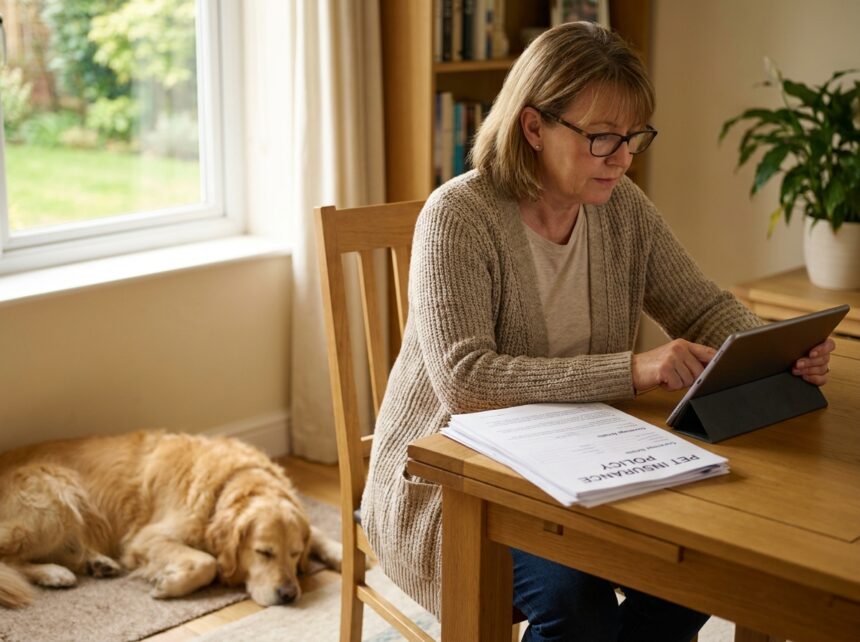 Femme mûre consultant des contrats d'assurance animaux à son bureau avec son chien à côté