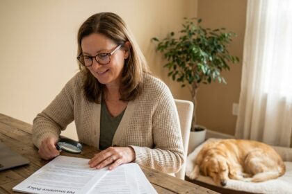 femme lisant des documents d'assurance pour animaux de compagnie à son bureau avec son chien, symbole de protection et de clarté contractuelle