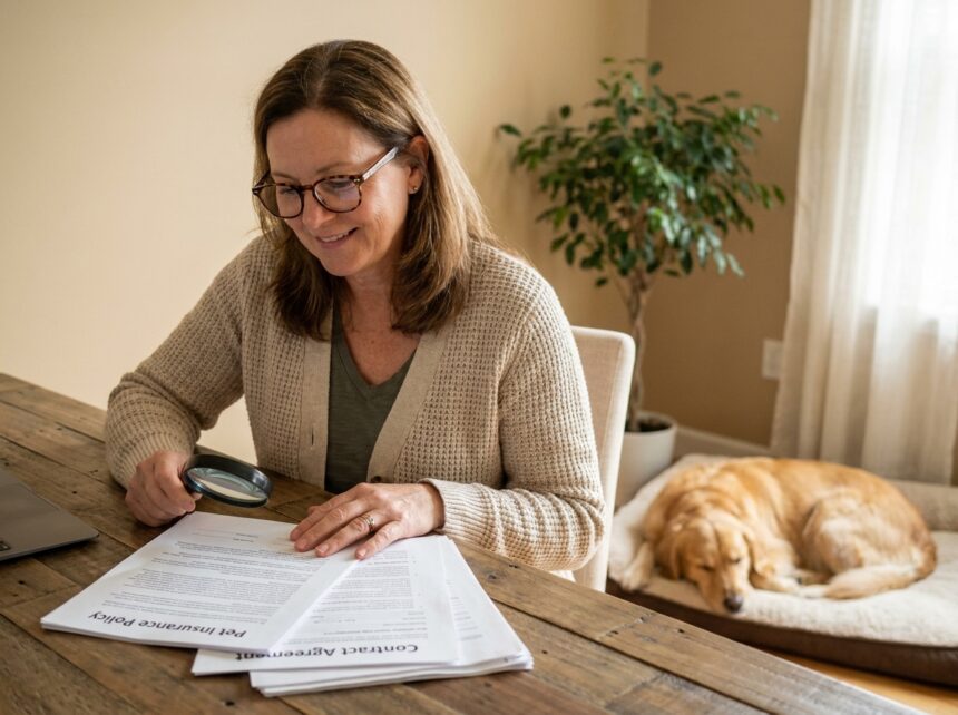 femme lisant des documents d'assurance pour animaux de compagnie à son bureau avec son chien, symbole de protection et de clarté contractuelle