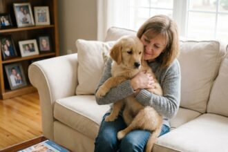 femme tenant son chiot dans ses bras sur un canapé avec document d'assurance pour animaux sur la table basse