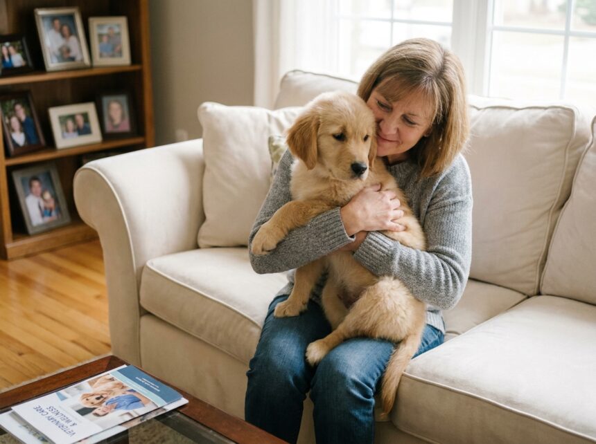 femme tenant son chiot dans ses bras sur un canapé avec document d'assurance pour animaux sur la table basse