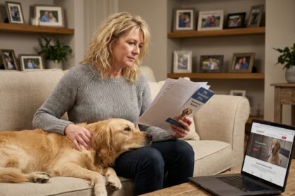 Femme examinant les documents d'assurance pour chien assis à côté d'elle dans un salon confortable avec papiers de couverture vétérinaire