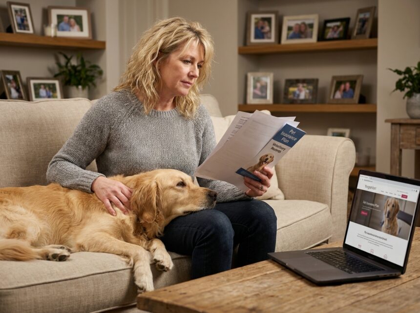 Femme examinant les documents d'assurance pour chien assis à côté d'elle dans un salon confortable avec papiers de couverture vétérinaire