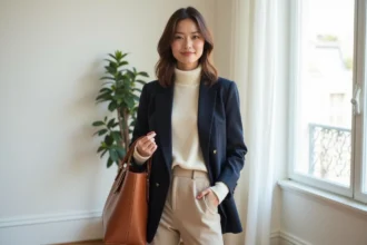 Femme élégante portant des basiques épurés - pull crème, blazer marine et pantalon beige en style garancedore