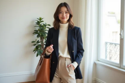 Femme élégante portant des basiques épurés - pull crème, blazer marine et pantalon beige en style garancedore