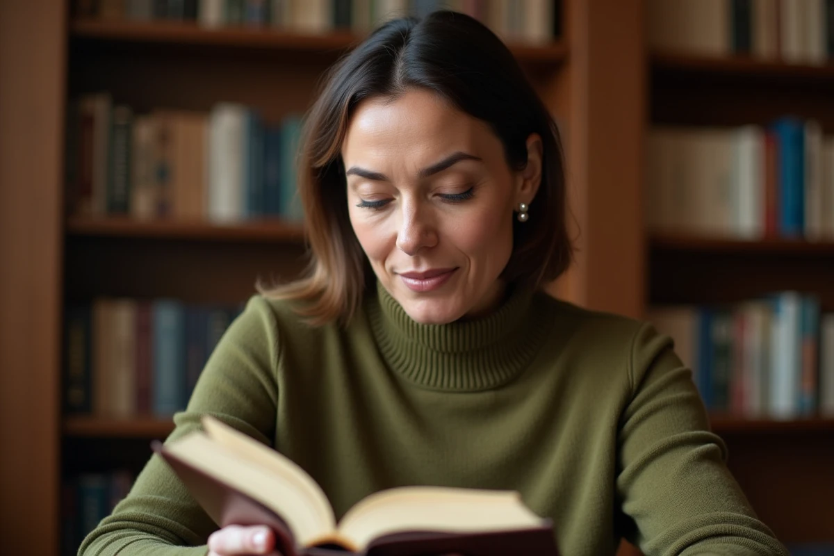 Portrait de femme mure dans une bibliothèque personnelle avec des traits rafinés et une expression naturelle, aucun signe apparent de chirurgie esthétique