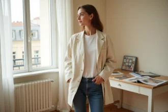 Femme jeune portant un blazer lin crème et jean bleu marine dans un appartement parisien lumineux, style minimaliste chic