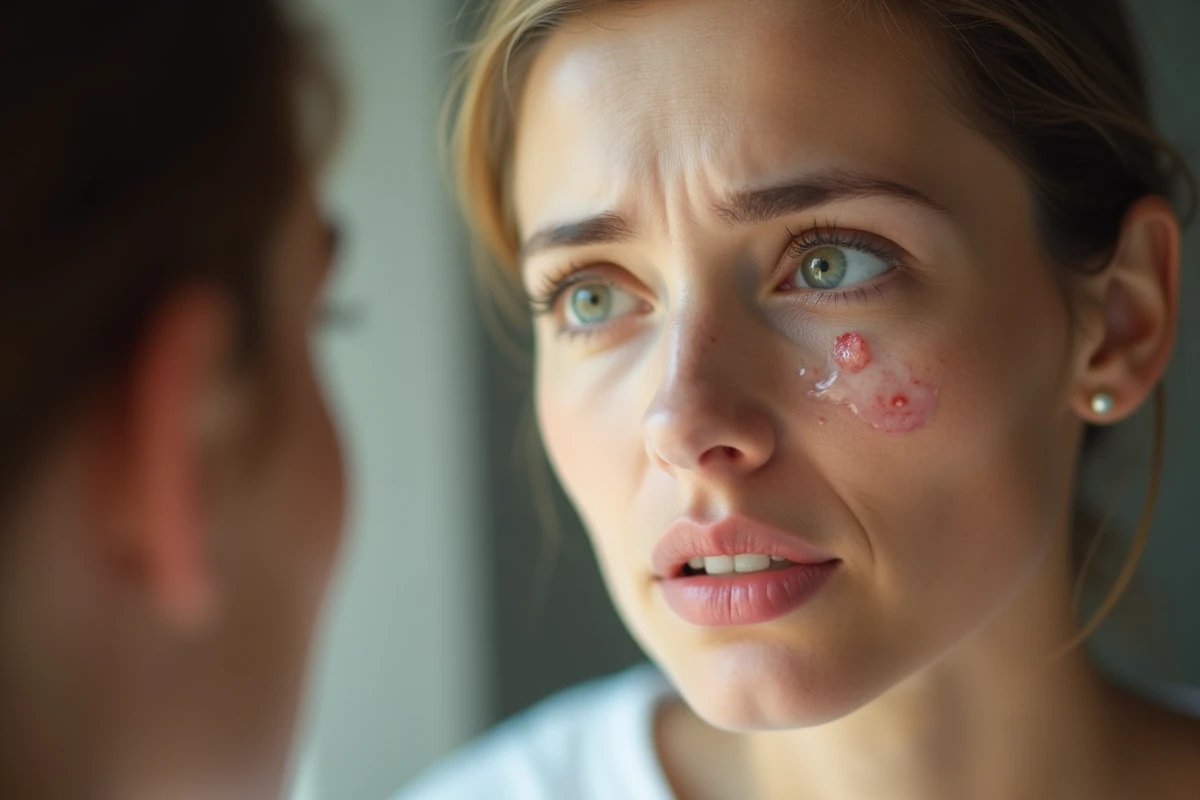 Femme examinant un bouton de fièvre sur sa lèvre dans un miroir avec expression préoccupée