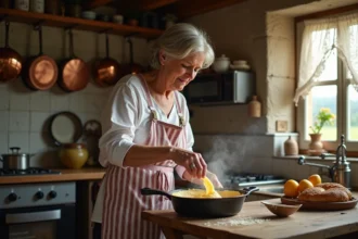 femme bretonne versant la pâte à crêpes dans une poêle en fonte, cuisine traditionnelle bretonne avec murs en pierre