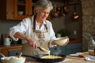 Femme bretonne versant la pâte à crêpe dans une poêle en fonte dans une cuisine traditionnelle française avec murs en pierre