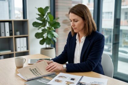Femme professionnelle compare des brochures dans un bureau
