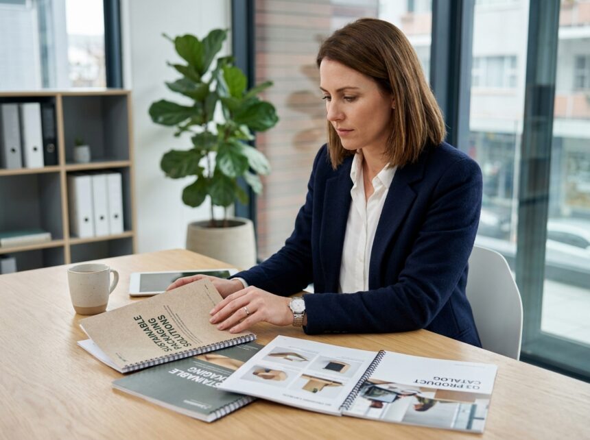 Femme professionnelle compare des brochures dans un bureau