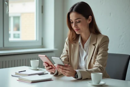 Femme professionnelle comparant les meilleurs smartphones 2026 au bureau