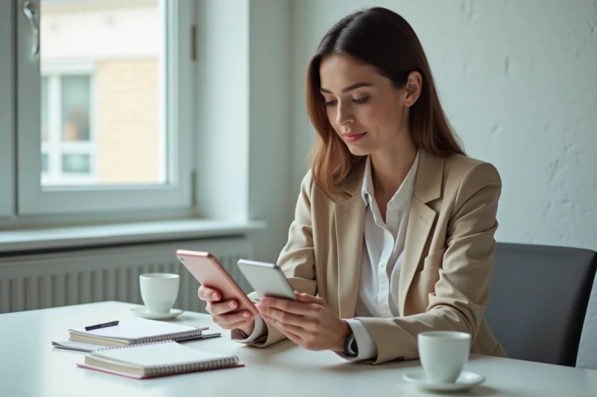 Femme professionnelle comparant les meilleurs smartphones 2026 au bureau