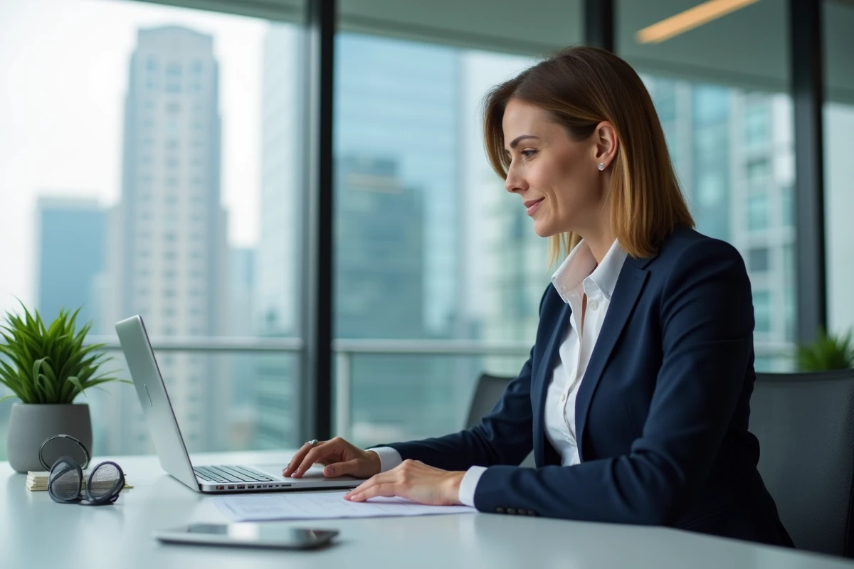 Femme professionnelle mature au bureau affichant une beauté subtile et naturelle sans traces visibles d'intervention cosmétique