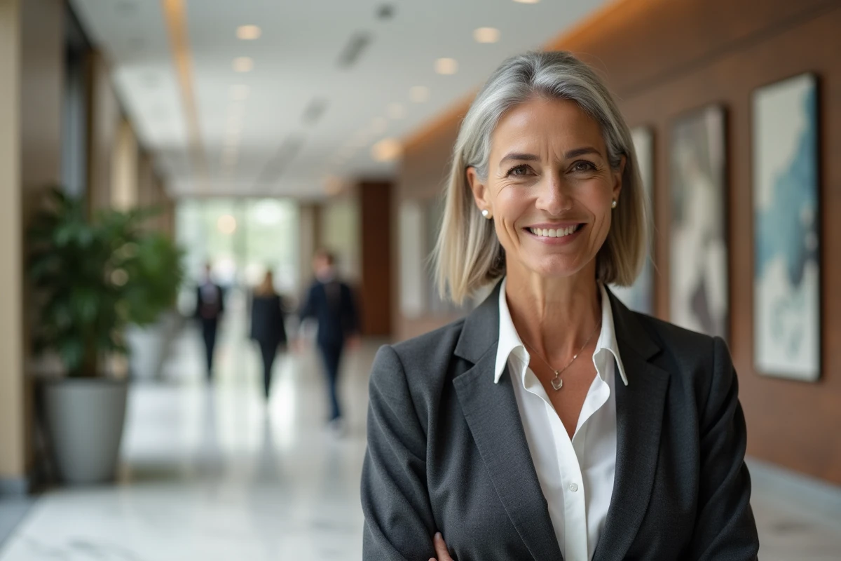 Femme professionnelle élégante dans un bureau moderne aux traits affinés et naturels, vêtue d'une veste tailored, exprimant assurance et raffinement discret