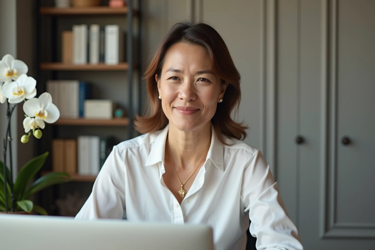 Femme professionnelle en visioconférence, visage rajeuni discrètement dans bureau chic, expression naturelle et confiante