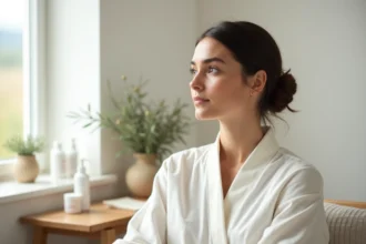 Femme détendue en robe blanche dans un cabinet de médecine esthétique en Provence avec vue sur champs de lavande