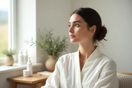 Femme détendue en robe blanche dans un cabinet de médecine esthétique en Provence avec vue sur champs de lavande