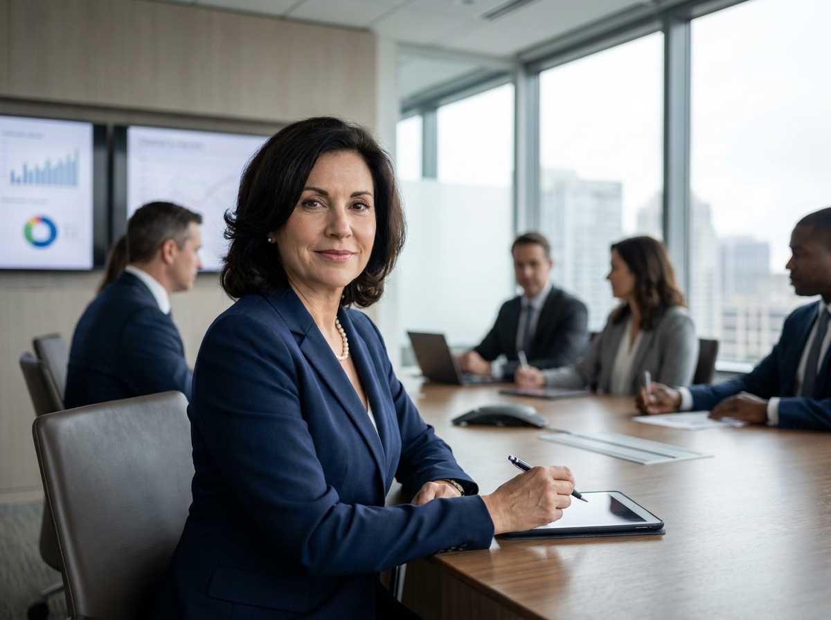 Femme dirigeante dans une salle de réunion moderne, illustration des critères de sélection pour postes de direction générale
