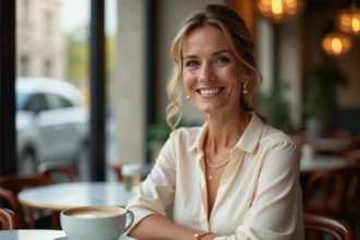 Femme de 45 ans à l'air naturel et radieux dans un café parisien, démontrant un résultat discret d'intervention esthétique faciale