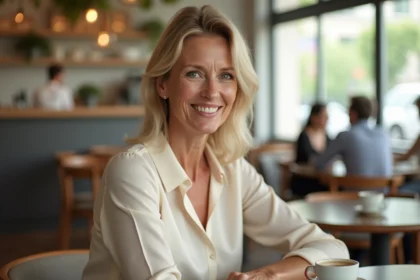 Femme d'âge moyen aux traits raffinés et discrets assise dans un café moderne, souriant naturellement avec une définition subtile des pommettes et de la mâchoire