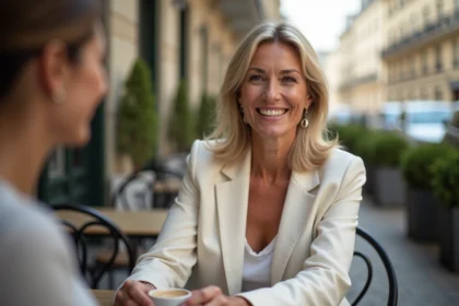 Femme d'âge moyen souriante prenant un café en terrasse avec une amie, regard naturel et discret, sans cicatrices visibles