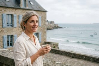 Femme d'âge moyen prenant un café le matin sur la terrasse en pierre d'une maison bretonne face à la mer à Saint-Malo, sourire serein et maison traditionnelle en arrière-plan