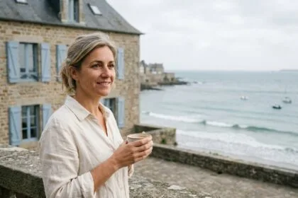 Femme d'âge moyen prenant un café le matin sur la terrasse en pierre d'une maison bretonne face à la mer à Saint-Malo, sourire serein et maison traditionnelle en arrière-plan