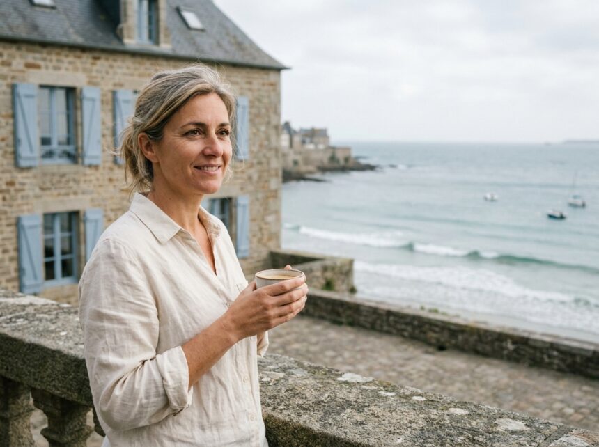 Femme d'âge moyen prenant un café le matin sur la terrasse en pierre d'une maison bretonne face à la mer à Saint-Malo, sourire serein et maison traditionnelle en arrière-plan