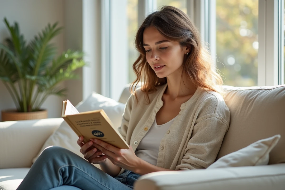 Jeune femme lisant 'La Semaine de 4h' sur un canapé confortable dans un salon moderne et lumineux