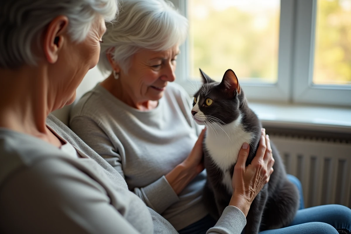 Femme caressant un chat adulte assis sur ses genoux dans une ambiance calme et paisible