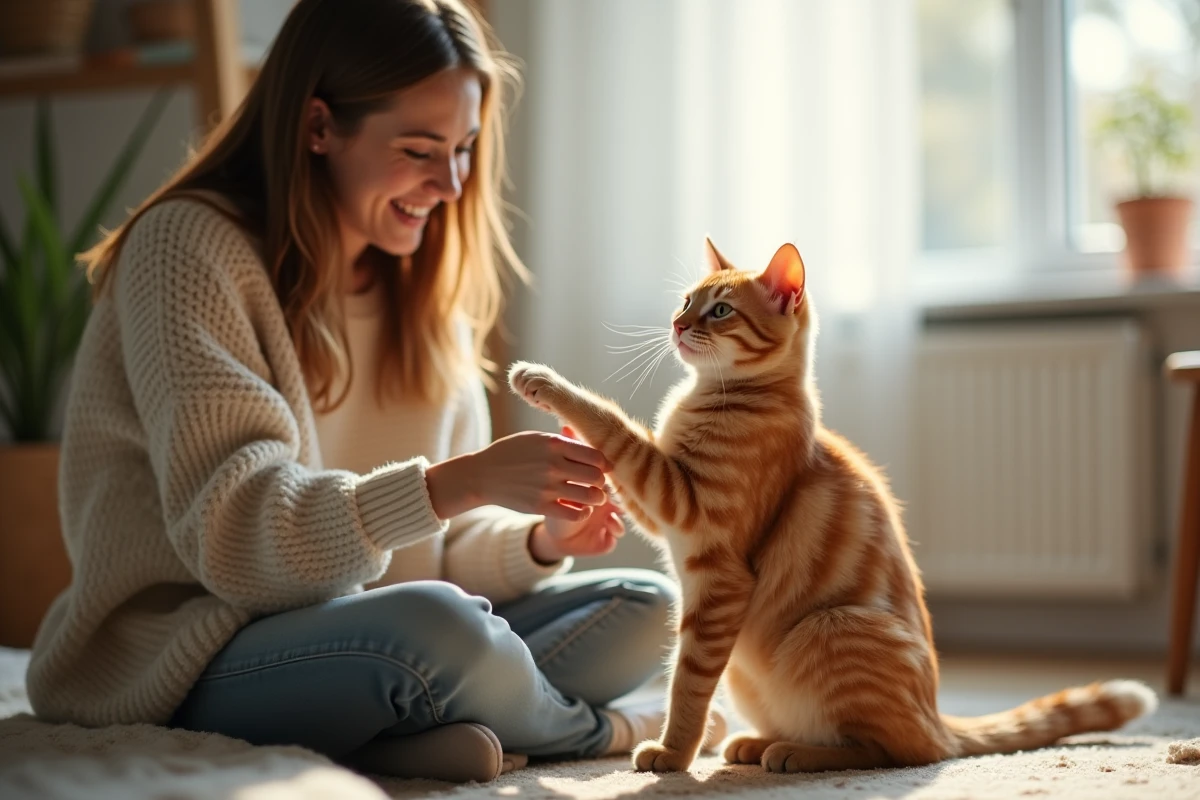 Femme jouant avec un chat adulte roux affectueux à la maison