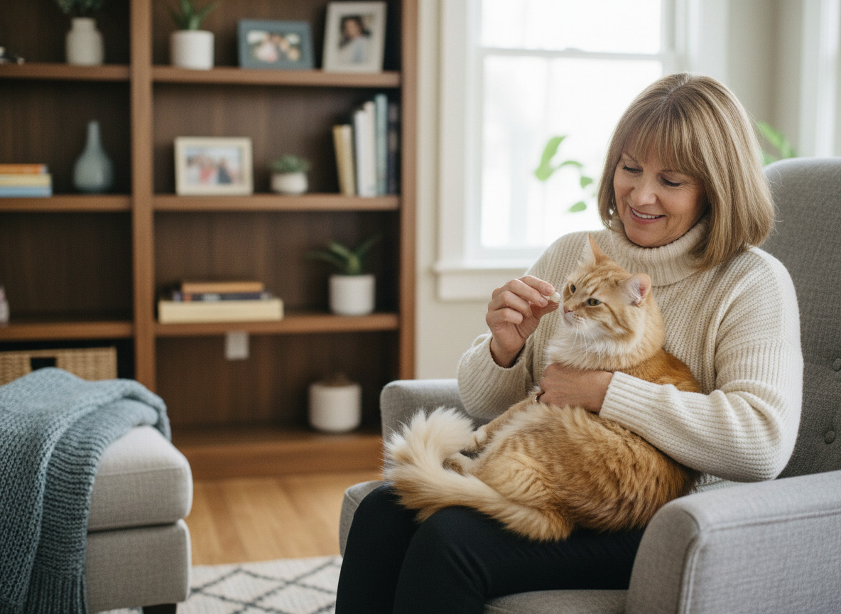 Femme avec chat et complément dans un salon chaleureux