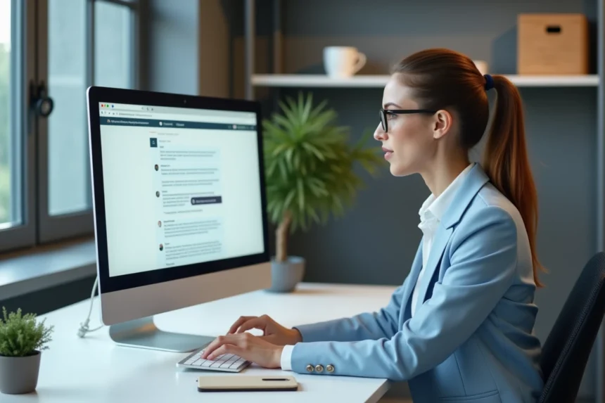 Femme professionnelle interagissant avec un chatbot sur son ordinateur de bureau dans un environnement de travail moderne