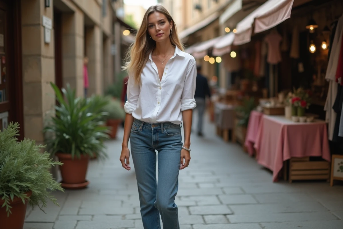 Femme portant chemise blanche et denim beige mules camel marchant dans rue pavée marché urbain