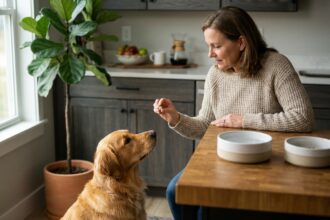 Femme offrant un complément à son chien dans une cuisine chaleureuse