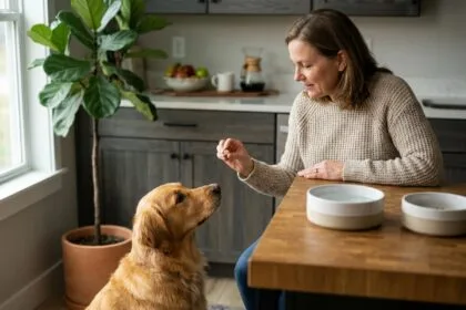 Femme offrant un complément à son chien dans une cuisine chaleureuse