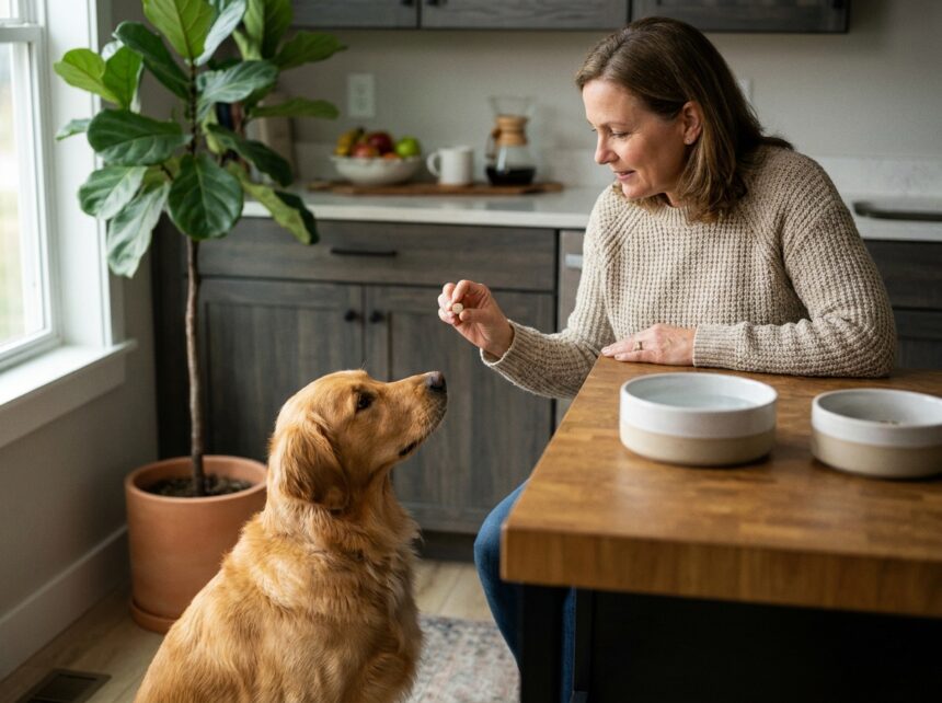 Femme offrant un complément à son chien dans une cuisine chaleureuse