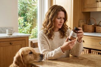 femme donnant un complément alimentaire à son chien golden retriever à la maison