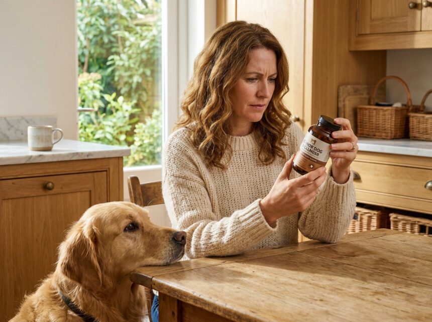 femme donnant un complément alimentaire à son chien golden retriever à la maison