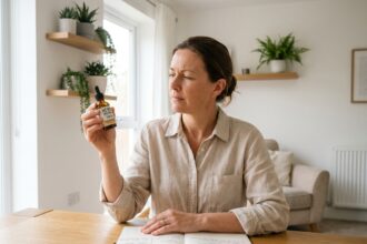 femme d'âge moyen examinant attentivement une bouteille d'huile CBD ambrée à sa table de travail avec notes de comparaison de produits, environnement minimaliste scandinave