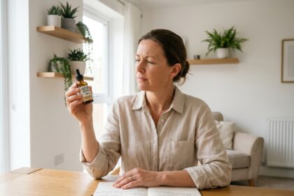 femme d'âge moyen examinant attentivement une bouteille d'huile CBD ambrée à sa table de travail avec notes de comparaison de produits, environnement minimaliste scandinave