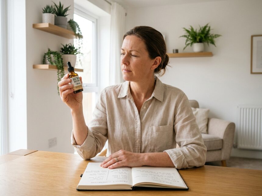 femme d'âge moyen examinant attentivement une bouteille d'huile CBD ambrée à sa table de travail avec notes de comparaison de produits, environnement minimaliste scandinave