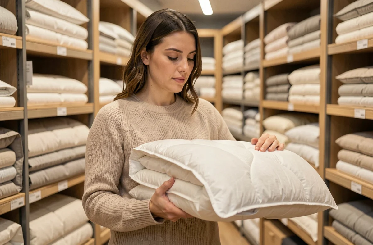 Femme comparant une couette quatre saisons dans un magasin de literie, examinant la qualité du tissu et le rembourrage